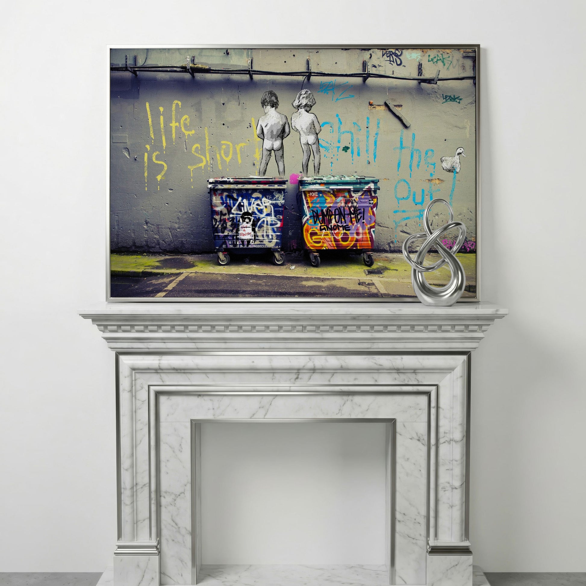 Banksy Boys Peeing Graffiti Canvas Wall Art in silver floating frame