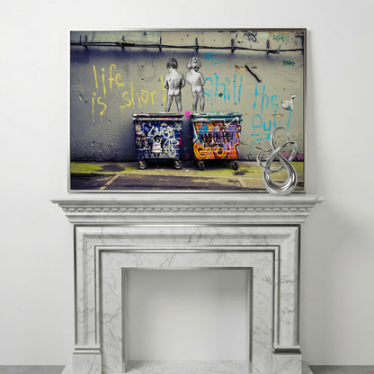 Banksy Boys Peeing Graffiti Canvas Wall Art in silver floating frame