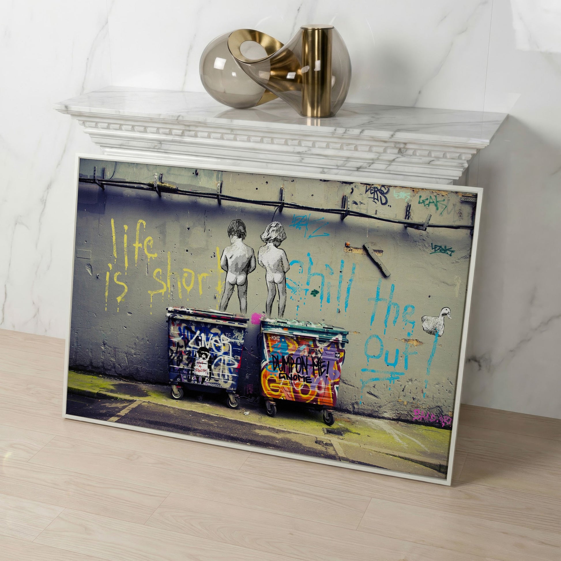 Banksy Boys Peeing Graffiti Canvas Wall Art in white floating frame