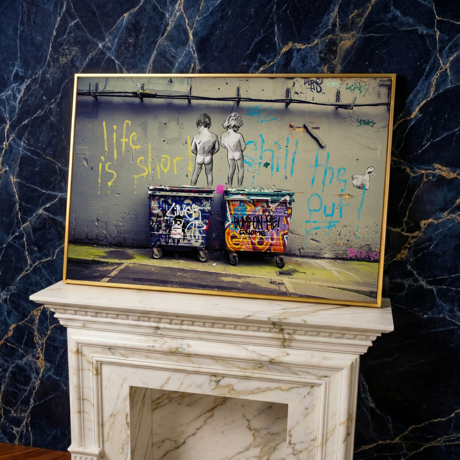 Banksy Boys Peeing Graffiti Canvas Wall Art in yellow gold floating frame