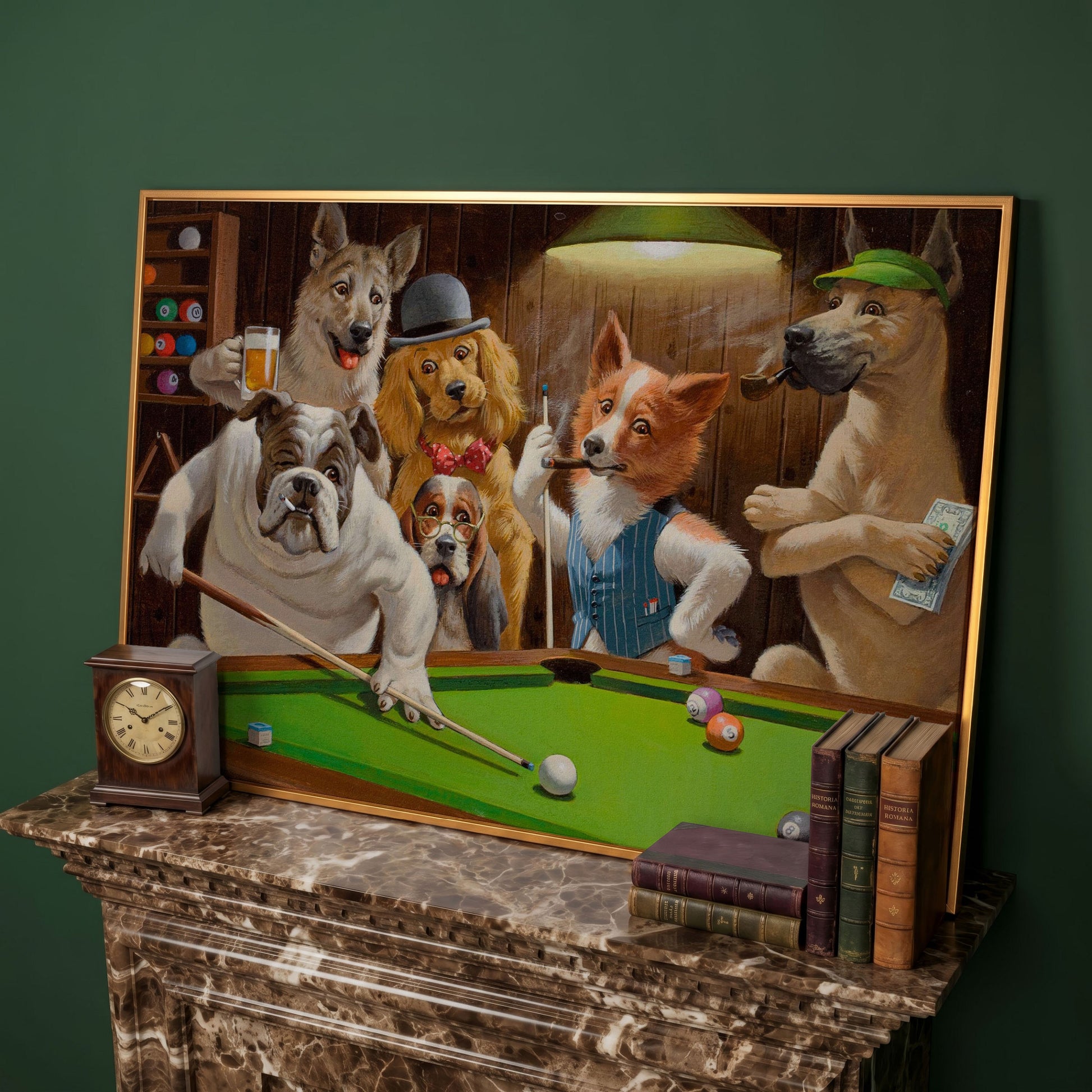 Dogs Playing Pool Bar Scene Canvas Wall Art in antique gold floating frame