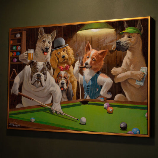 Dogs Playing Pool Bar Scene Canvas Wall Art shown in antique gold floating frame