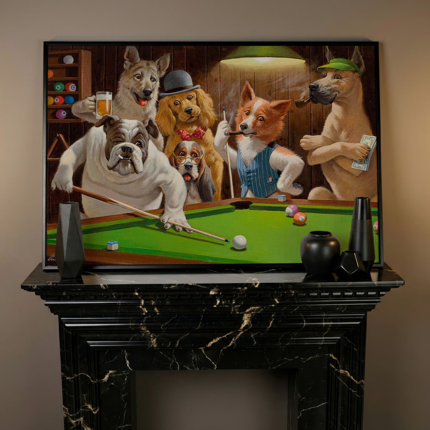 Dogs Playing Pool Bar Scene Canvas Wall Art in black floating frame