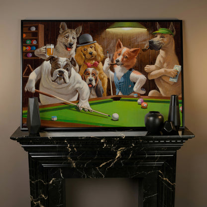 Dogs Playing Pool Bar Scene Canvas Wall Art in black floating frame