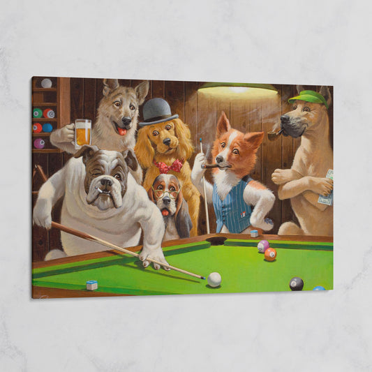 Dogs Playing Pool Bar Scene Canvas Wall Art on gallery wrap