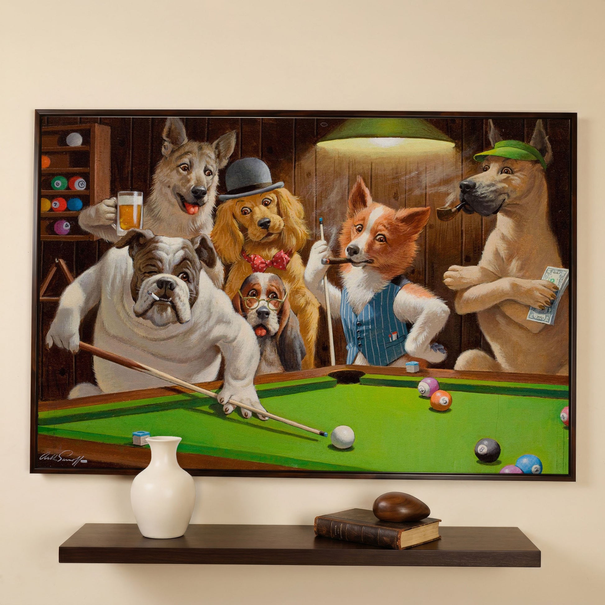 Dogs Playing Pool Bar Scene Canvas Wall Art in dark walnut floating frame
