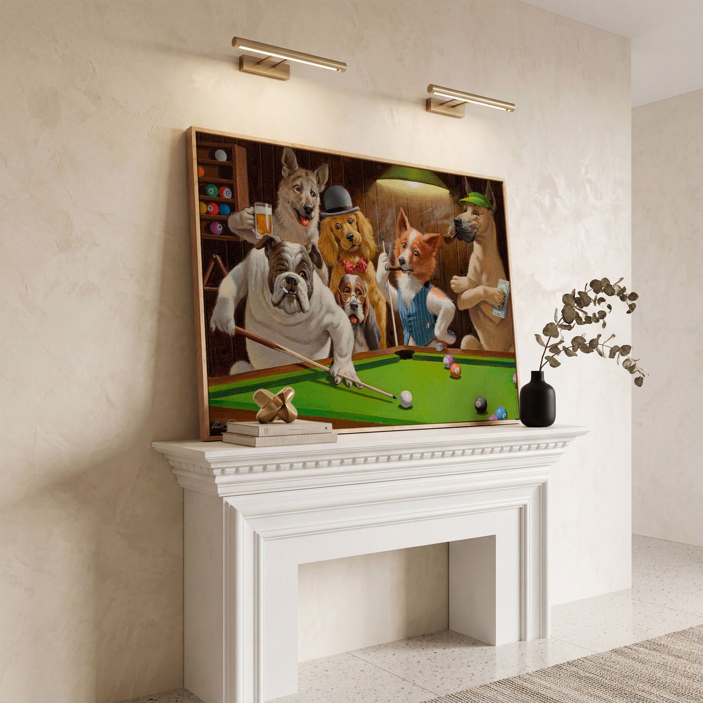 Dogs Playing Pool Bar Scene Canvas Wall Art in white oak floating frame