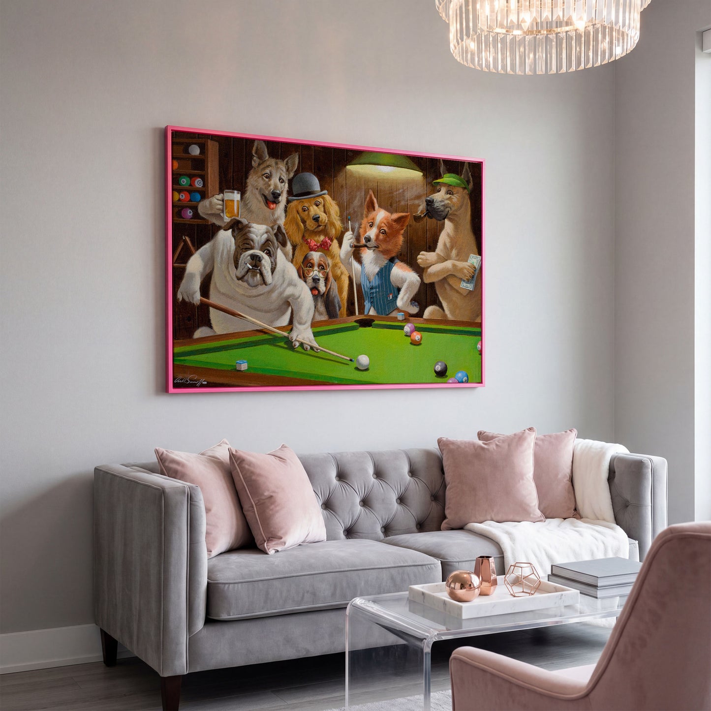 Dogs Playing Pool Bar Scene Canvas Wall Art in pink floating frame