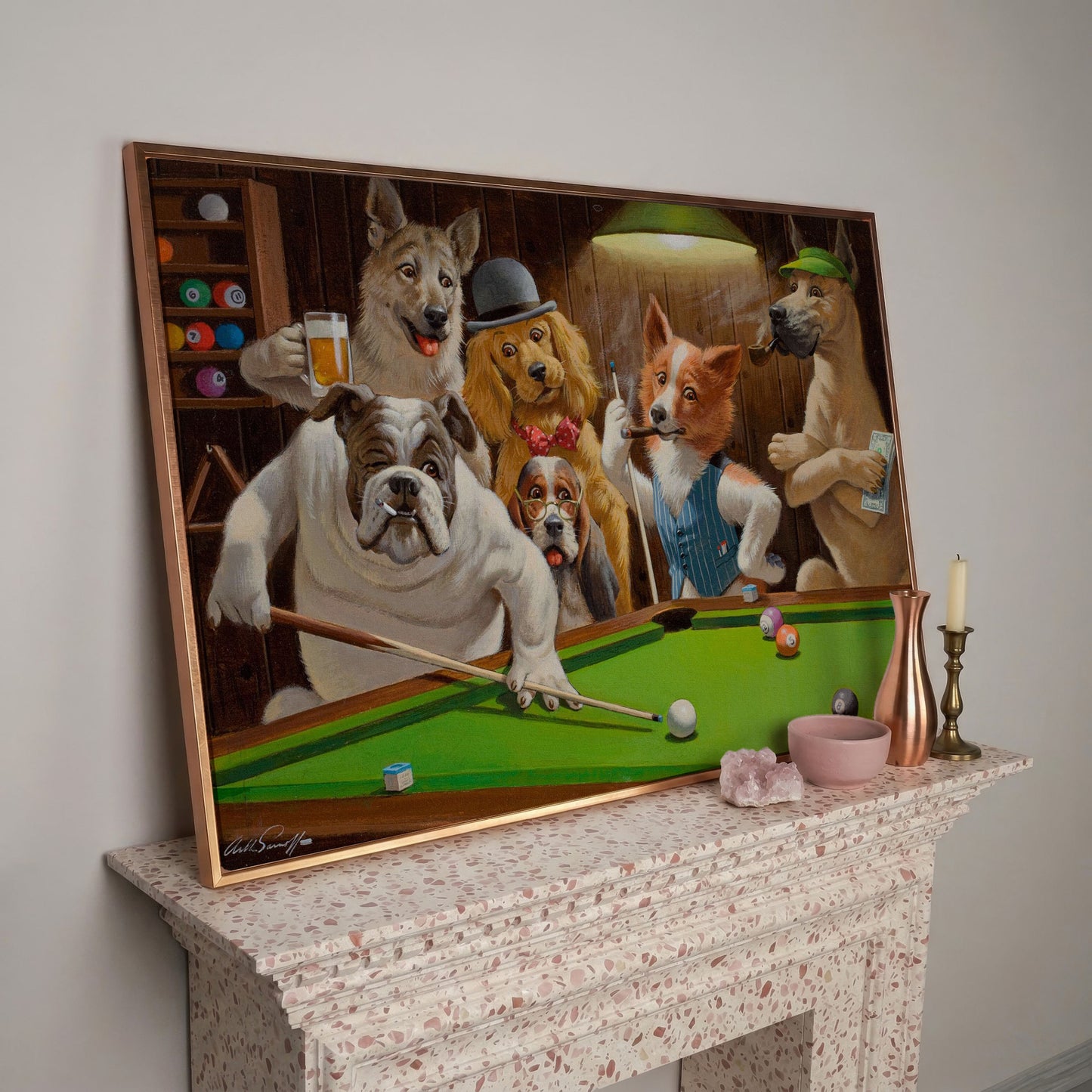 Dogs Playing Pool Bar Scene Canvas Wall Art in rose gold floating frame