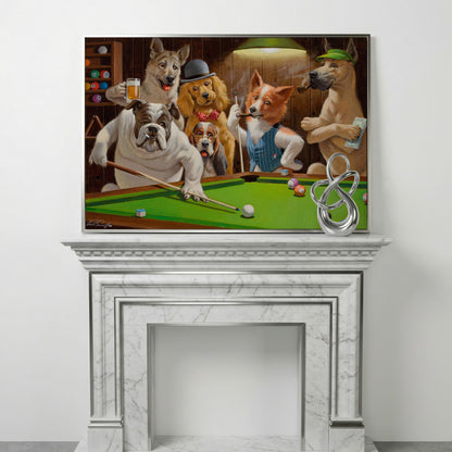 Dogs Playing Pool Bar Scene Canvas Wall Art in silver floating frame