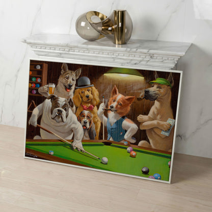 Dogs Playing Pool Bar Scene Canvas Wall Art in white floating frame