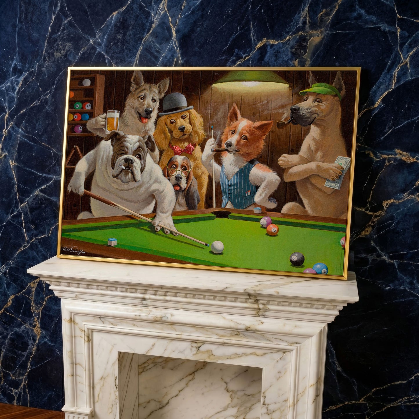 Dogs Playing Pool Bar Scene Canvas Wall Art in yellow gold floating frame