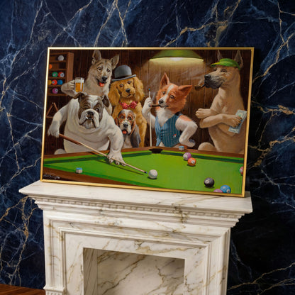 Dogs Playing Pool Bar Scene Canvas Wall Art in yellow gold floating frame