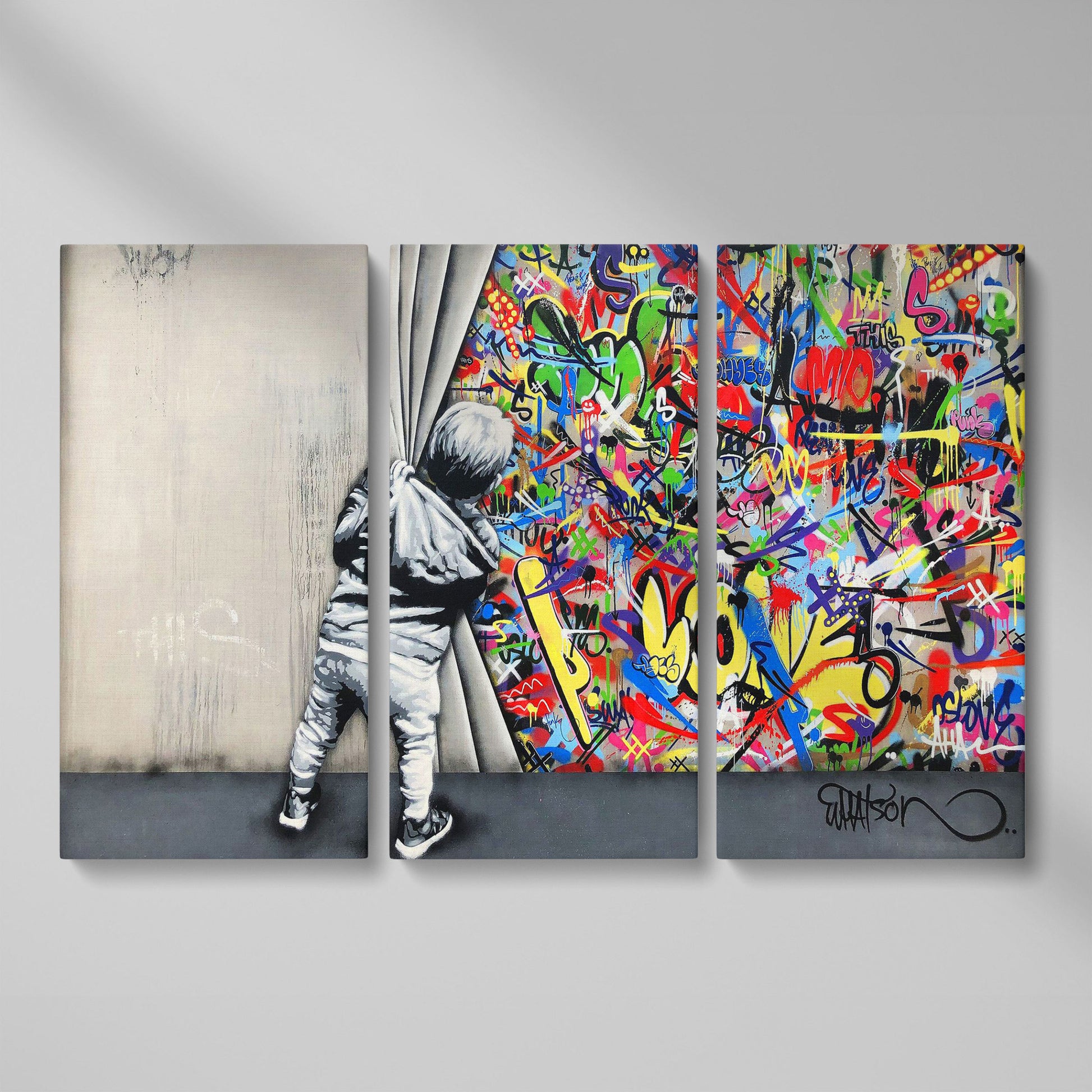 Kid Pulling Back Curtain to Reveal Graffiti Wall Art Canvas as 3-panel split version