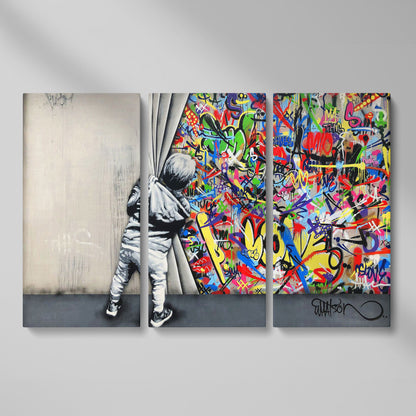 Kid Pulling Back Curtain to Reveal Graffiti Wall Art Canvas as 3-panel split version