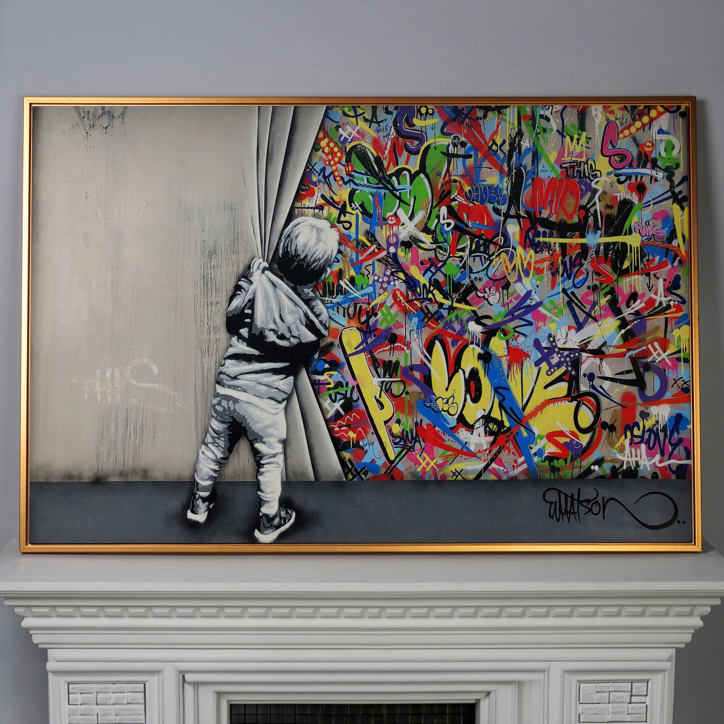 Kid Pulling Back Curtain to Reveal Graffiti Wall Art Canvas in antique gold floating frame