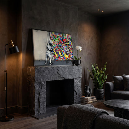 Kid Pulling Back Curtain to Reveal Graffiti Wall Art Canvas in black floating frame