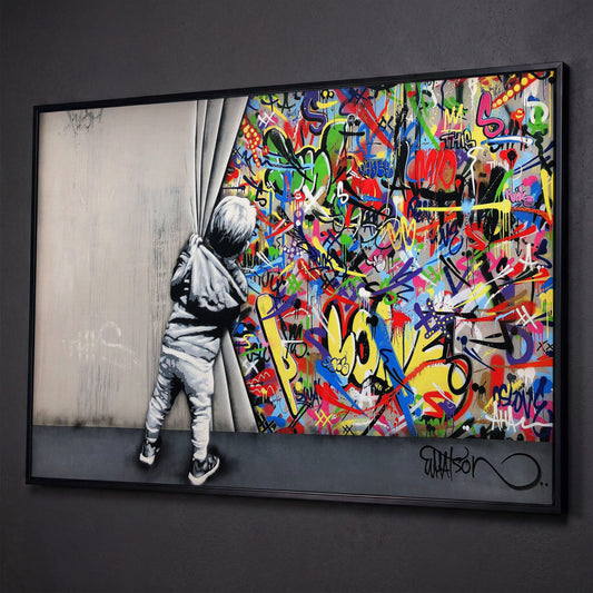 Kid Pulling Back Curtain to Reveal Graffiti Wall Art Canvas shown in black floating frame