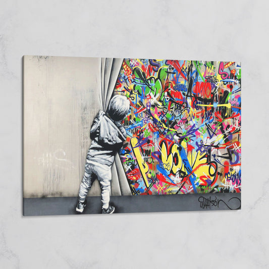 Kid Pulling Back Curtain to Reveal Graffiti Wall Art Canvas on gallery wrap
