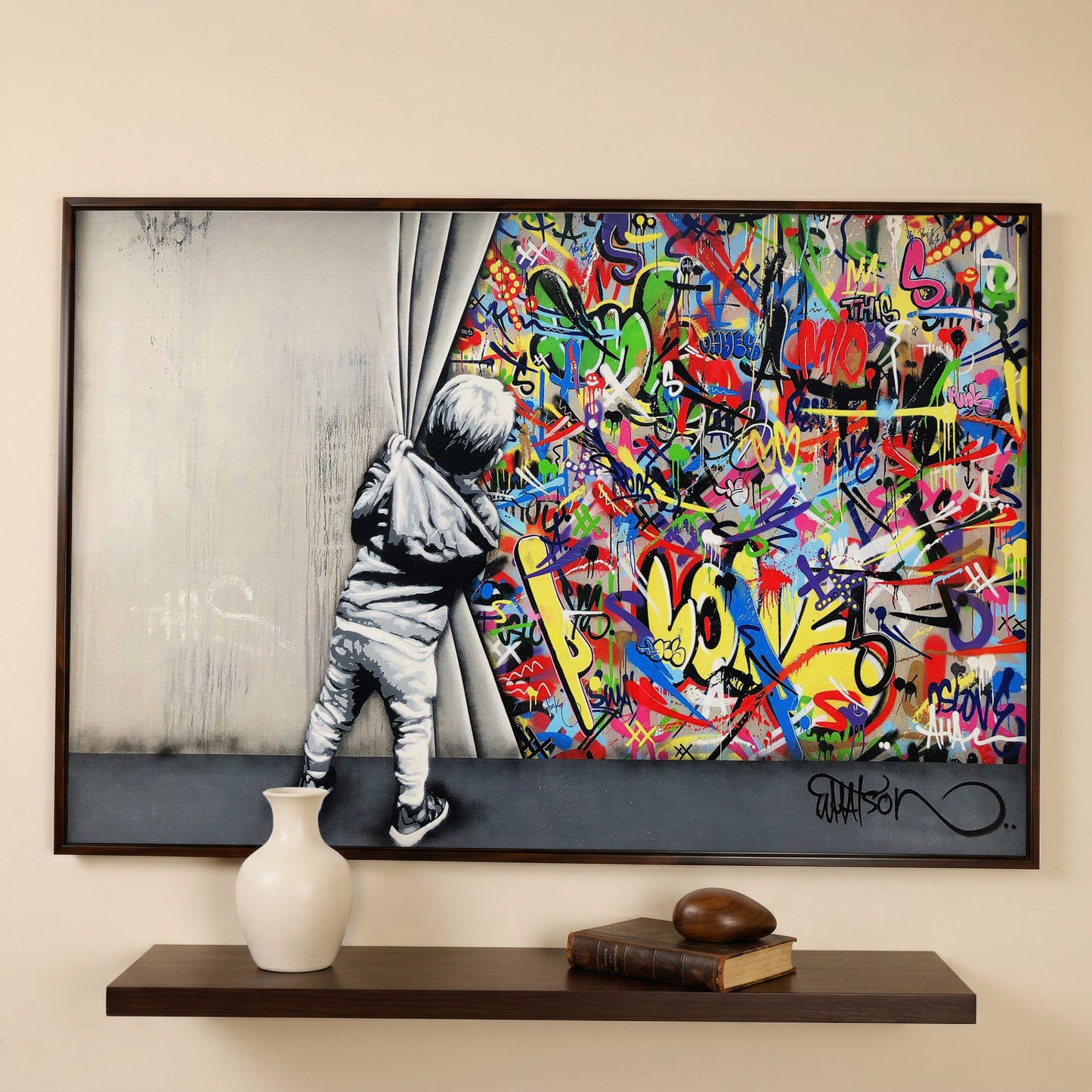 Kid Pulling Back Curtain to Reveal Graffiti Wall Art Canvas in dark walnut floating frame
