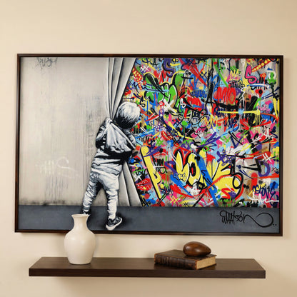Kid Pulling Back Curtain to Reveal Graffiti Wall Art Canvas in dark walnut floating frame