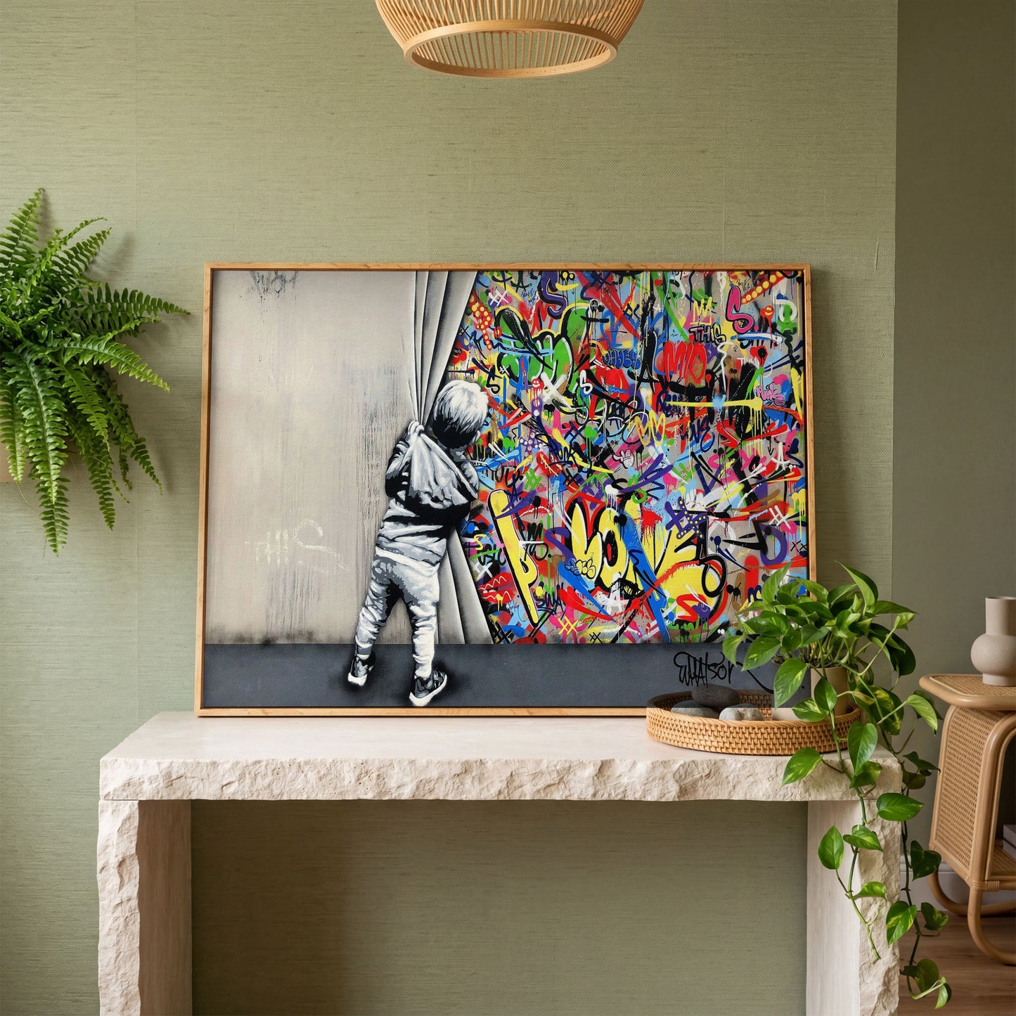 Kid Pulling Back Curtain to Reveal Graffiti Wall Art Canvas in white oak floating frame