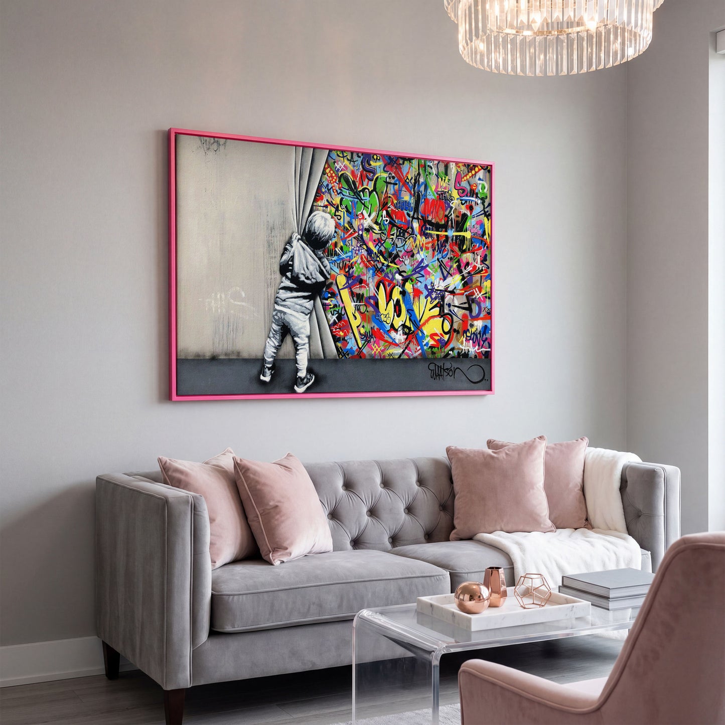 Kid Pulling Back Curtain to Reveal Graffiti Wall Art Canvas in pink floating frame