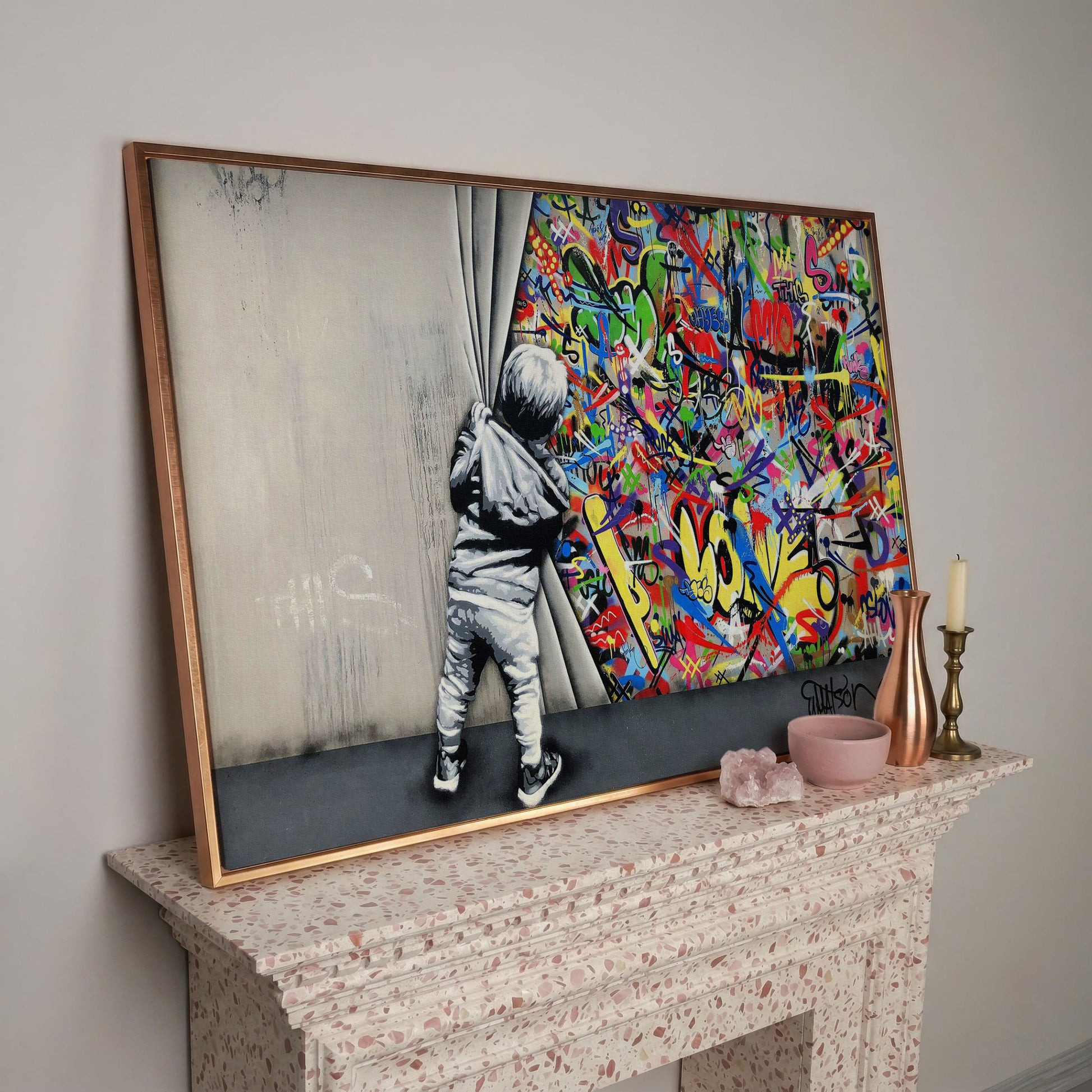 Kid Pulling Back Curtain to Reveal Graffiti Wall Art Canvas in rose gold floating frame