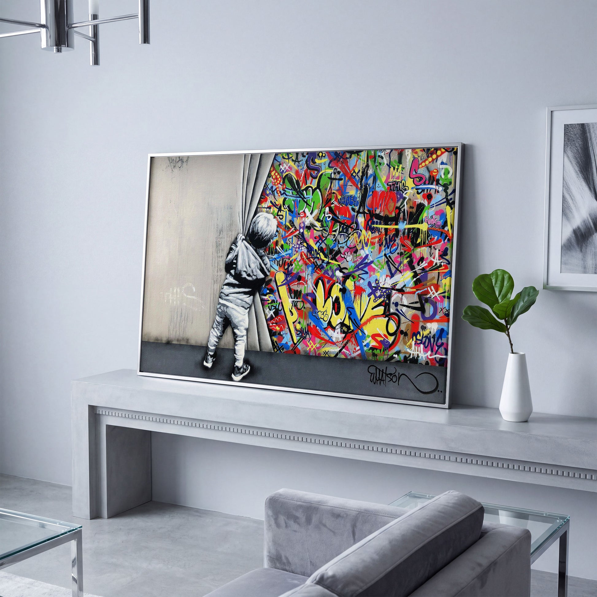 Kid Pulling Back Curtain to Reveal Graffiti Wall Art Canvas in silver floating frame