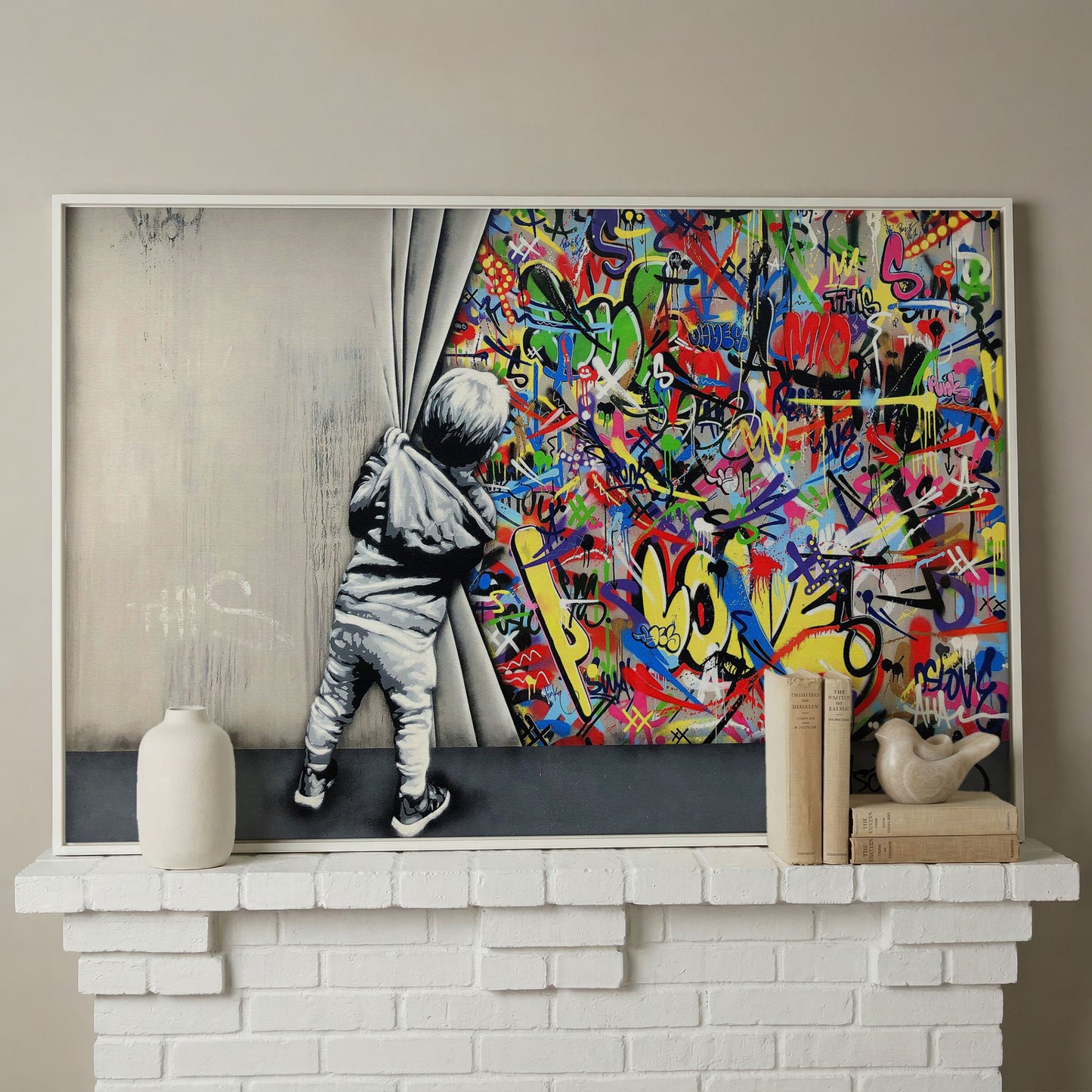 Kid Pulling Back Curtain to Reveal Graffiti Wall Art Canvas in white floating frame