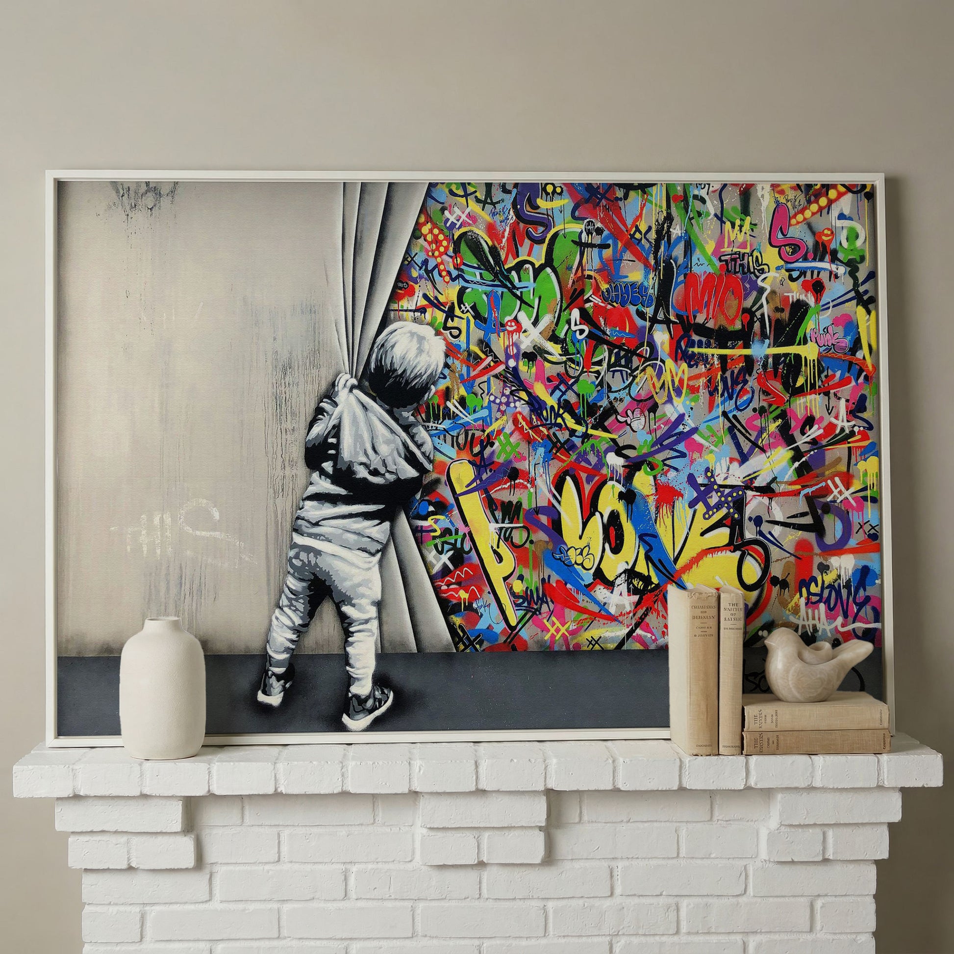 Kid Pulling Back Curtain to Reveal Graffiti Wall Art Canvas in white floating frame