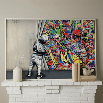 Kid Pulling Back Curtain to Reveal Graffiti Wall Art Canvas in white floating frame