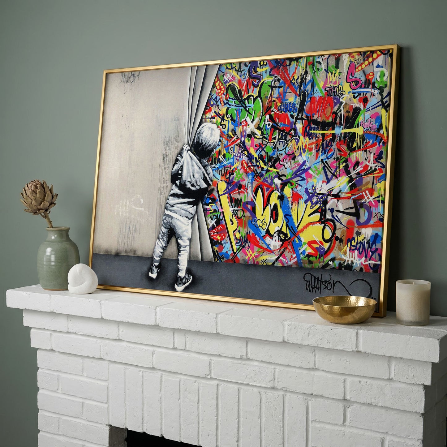 Kid Pulling Back Curtain to Reveal Graffiti Wall Art Canvas in yellow gold floating frame