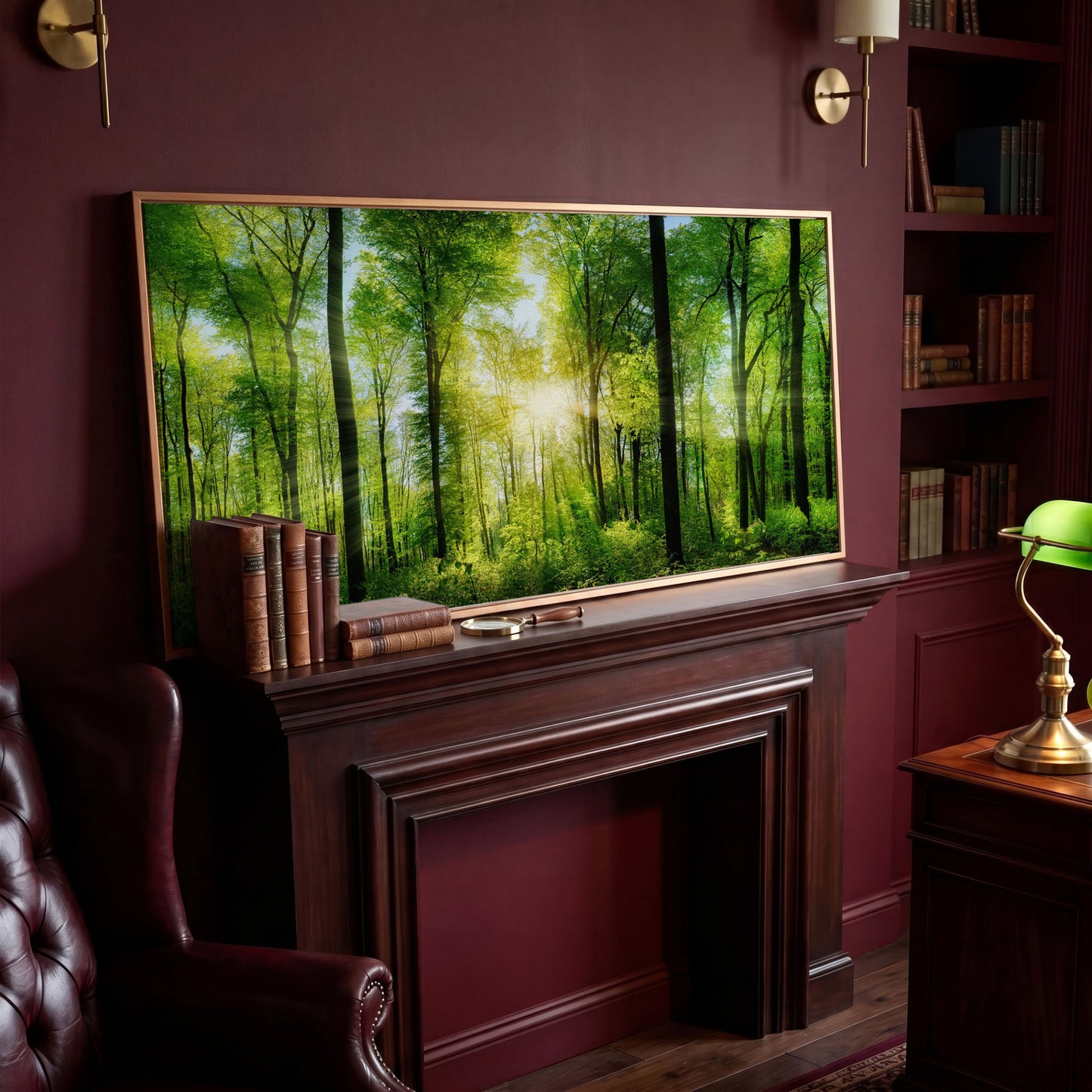 Sunlight Through the Forest Canopy Canvas Wall Art in antique gold floating frame