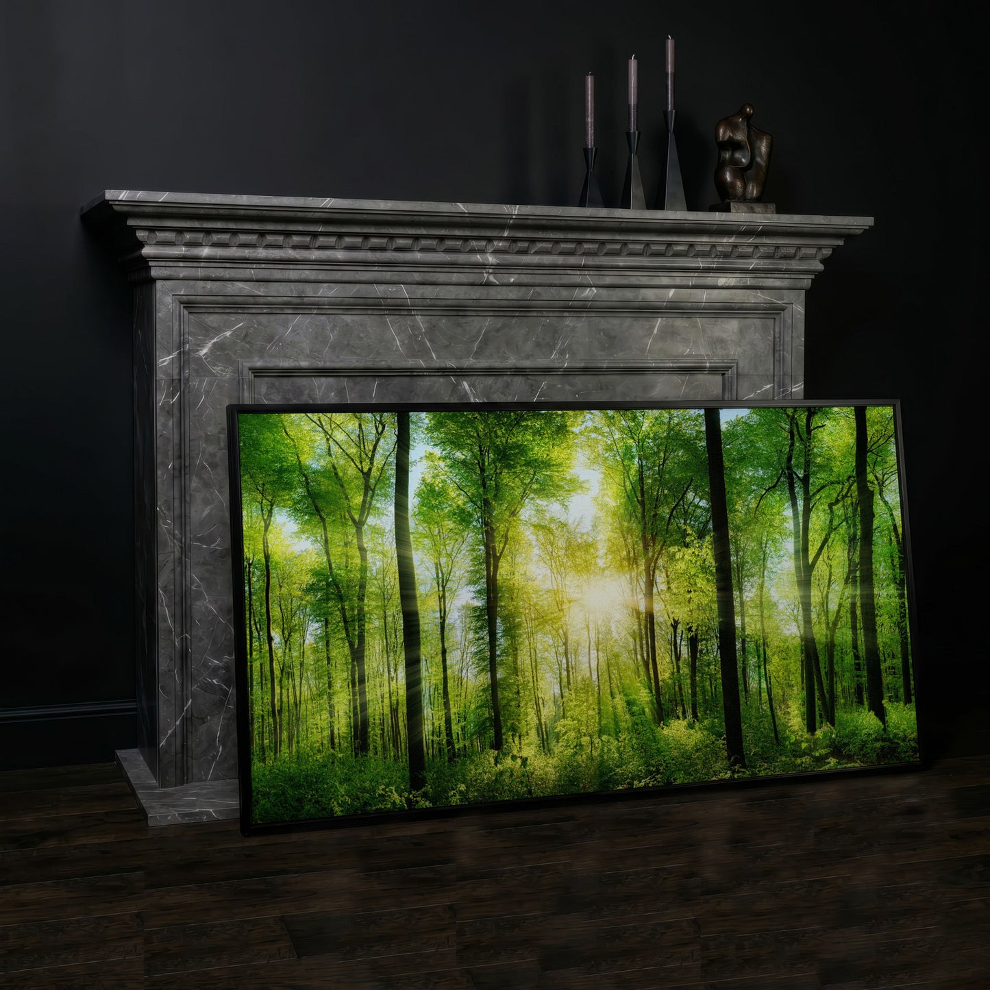 Sunlight Through the Forest Canopy Canvas Wall Art in black floating frame