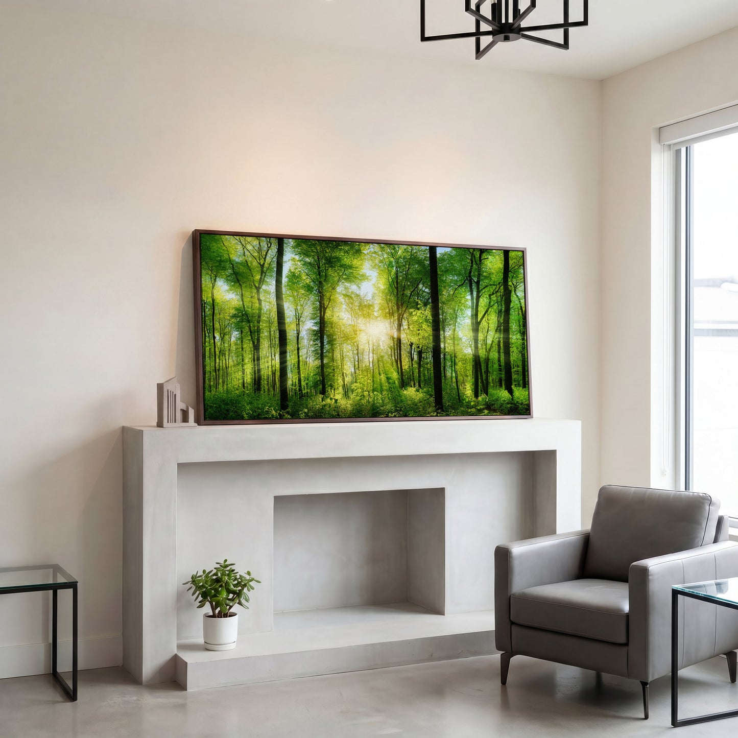 Sunlight Through the Forest Canopy Canvas Wall Art in dark walnut floating frame