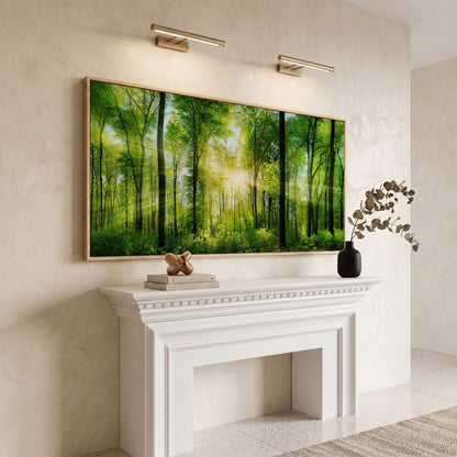 Sunlight Through the Forest Canopy Canvas Wall Art in white oak floating frame