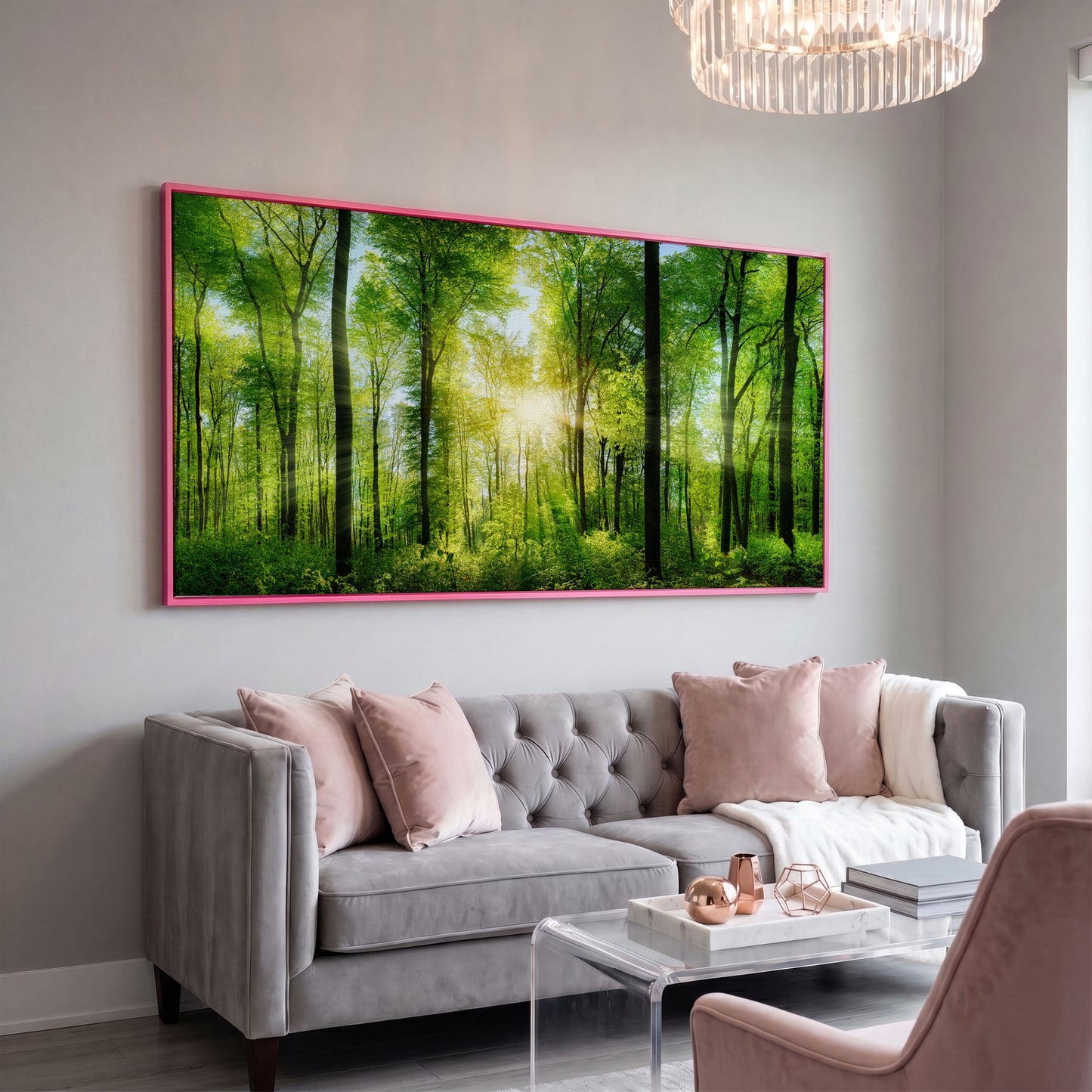 Sunlight Through the Forest Canopy Canvas Wall Art in pink floating frame