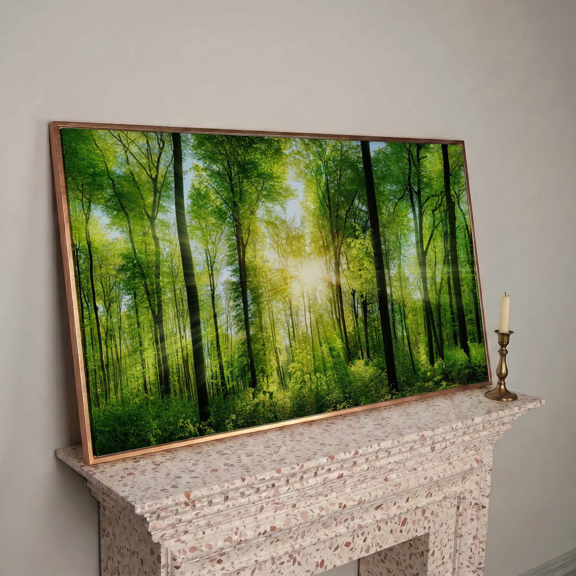 Sunlight Through the Forest Canopy Canvas Wall Art in rose gold floating frame