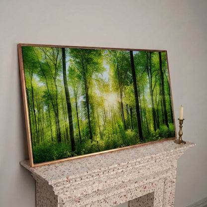 Sunlight Through the Forest Canopy Canvas Wall Art in rose gold floating frame