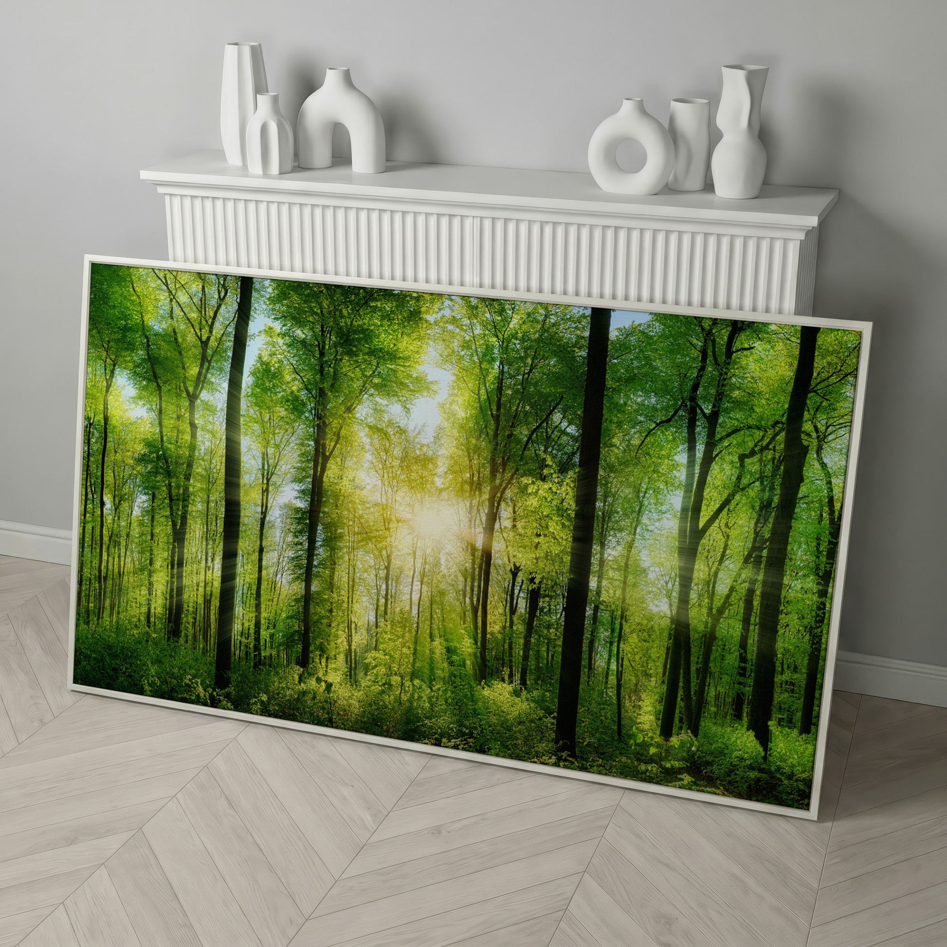 Sunlight Through the Forest Canopy Canvas Wall Art in white floating frame