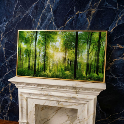 Sunlight Through the Forest Canopy Canvas Wall Art in yellow gold floating frame