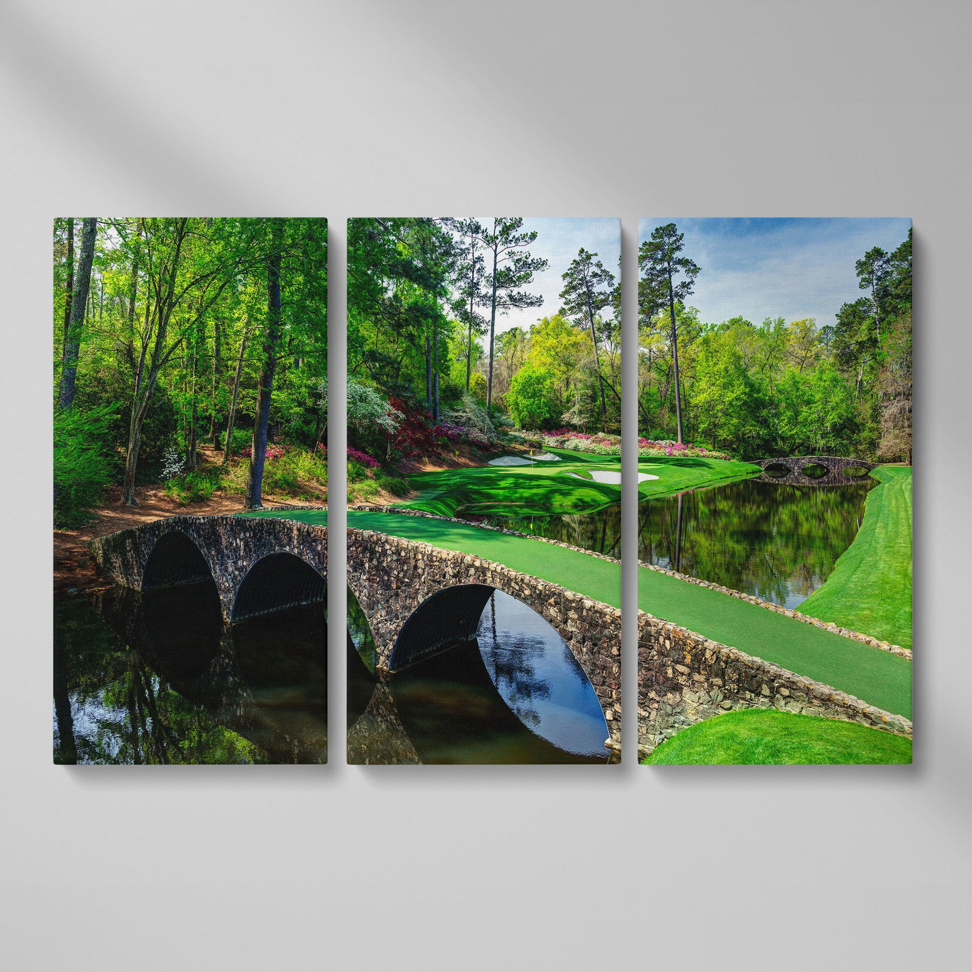 Golf Course Stone Bridge Canvas Art, Augusta-Style Green Fairway as 3-panel split version