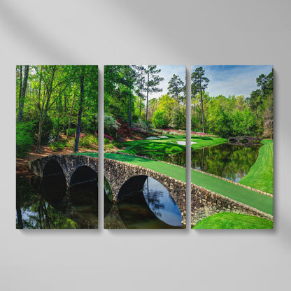 Golf Course Stone Bridge Canvas Art, Augusta-Style Green Fairway as 3-panel split version