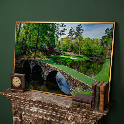 Golf Course Stone Bridge Canvas Art, Augusta-Style Green Fairway in antique gold floating frame