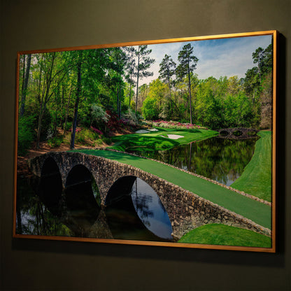 Golf Course Stone Bridge Canvas Art, Augusta-Style Green Fairway shown in antique gold floating frame