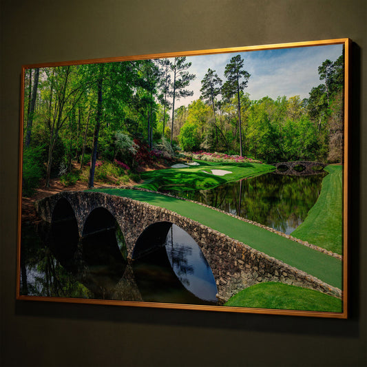 Golf Course Stone Bridge Canvas Art, Augusta-Style Green Fairway shown in antique gold floating frame