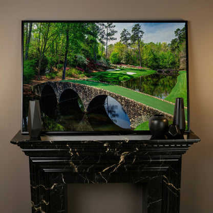 Golf Course Stone Bridge Canvas Art, Augusta-Style Green Fairway in black floating frame