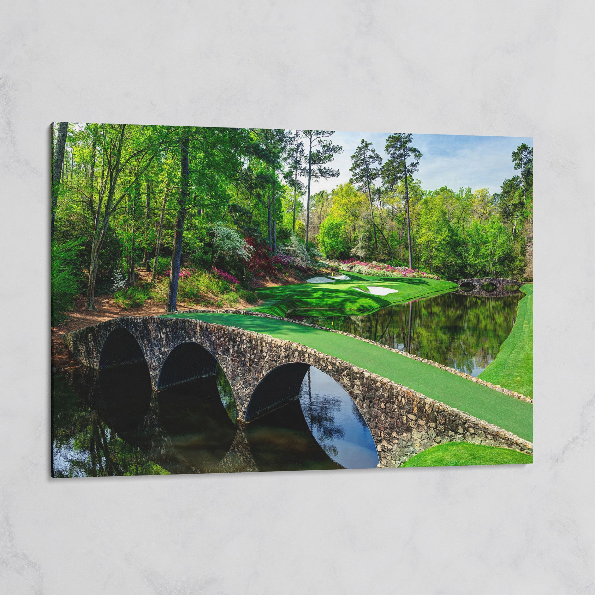 Golf Course Stone Bridge Canvas Art, Augusta-Style Green Fairway on gallery wrap