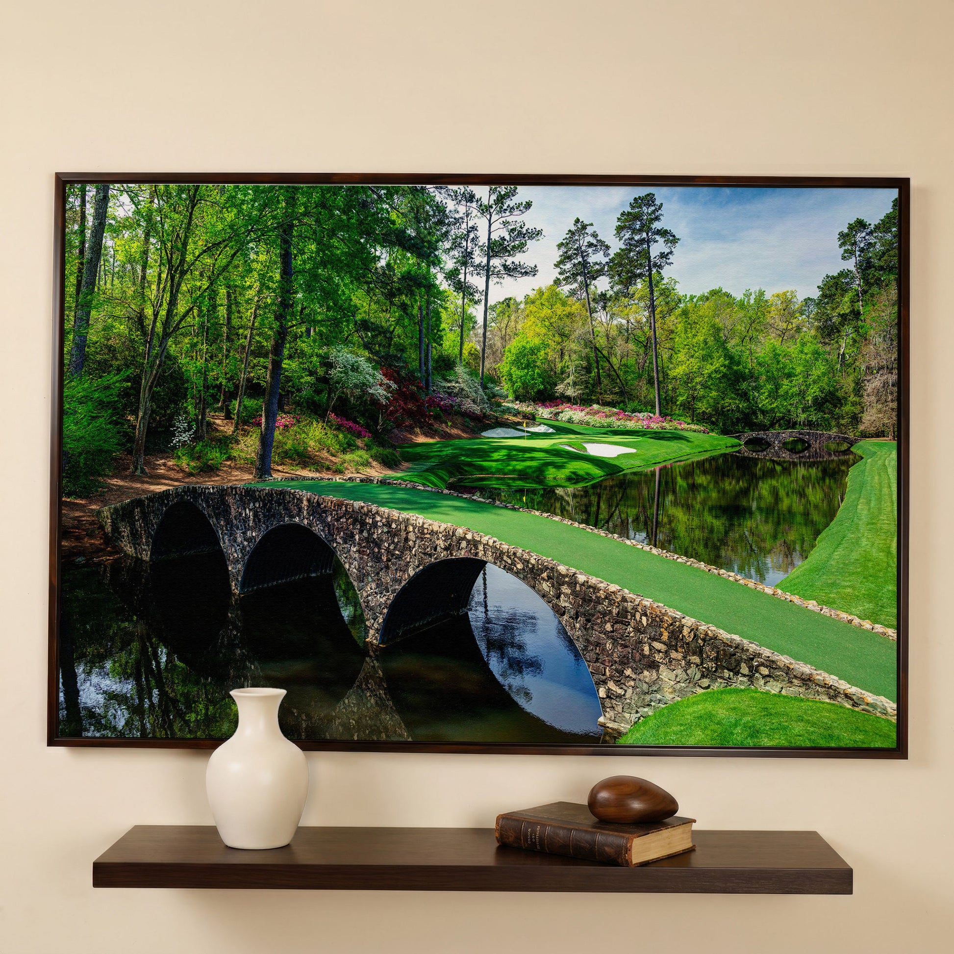 Golf Course Stone Bridge Canvas Art, Augusta-Style Green Fairway in dark walnut floating frame
